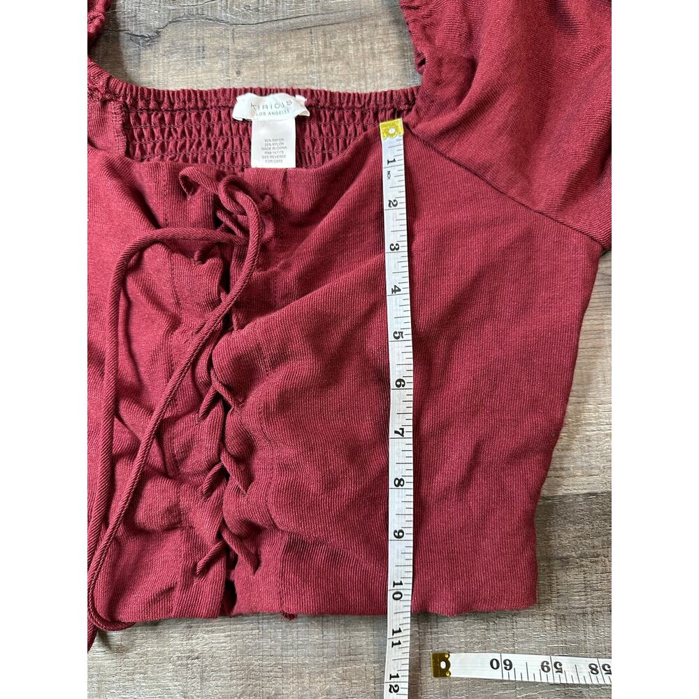 Kirious LA Burgundy Ribbed Lace-Up Crop Top Smocked Peasant Blouse Large - Picture 16 of 16